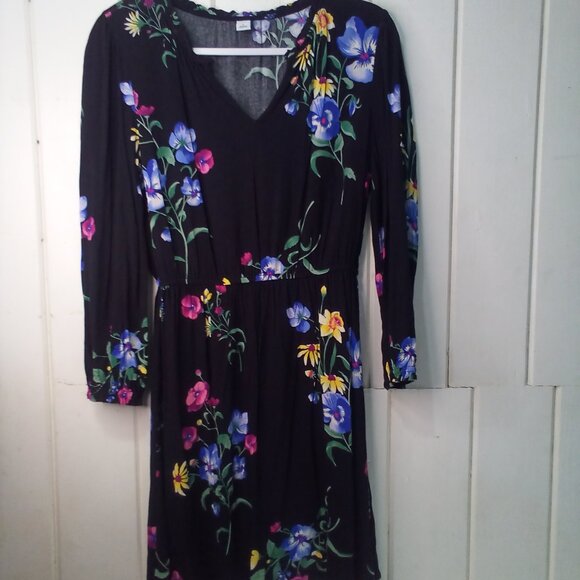 Old Navy Dress Women S Long Sleeve Elastic Waist Floral Black Colorful - Picture 1 of 16